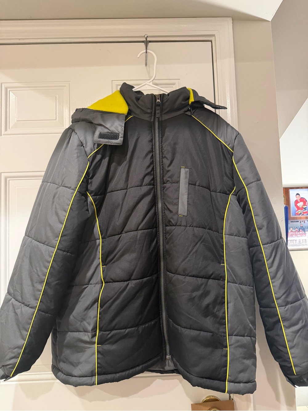 Men's Grey Puffer Jacket with Yellow Trim and Hood